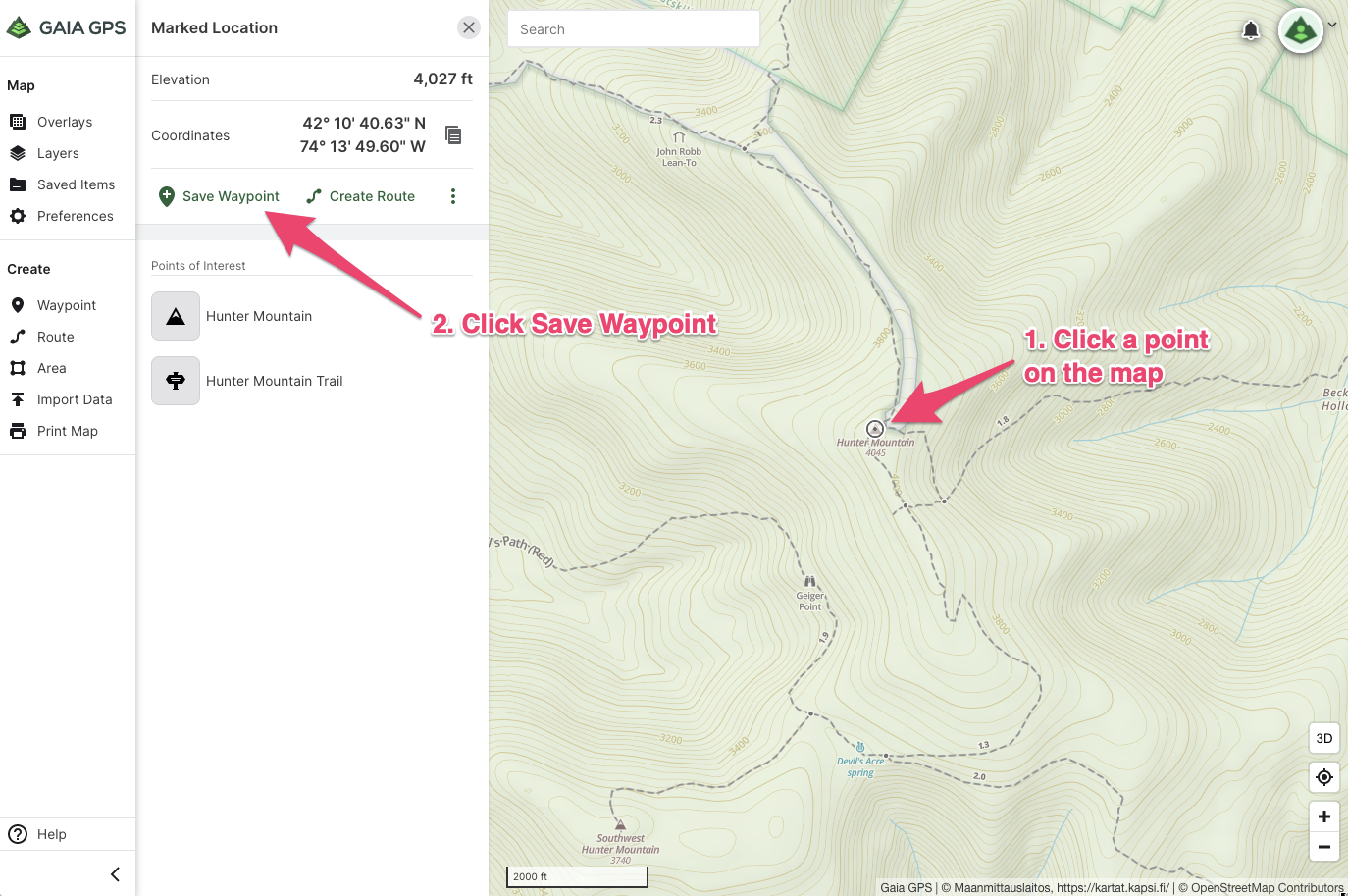 Create a Waypoint on Gaia GPS